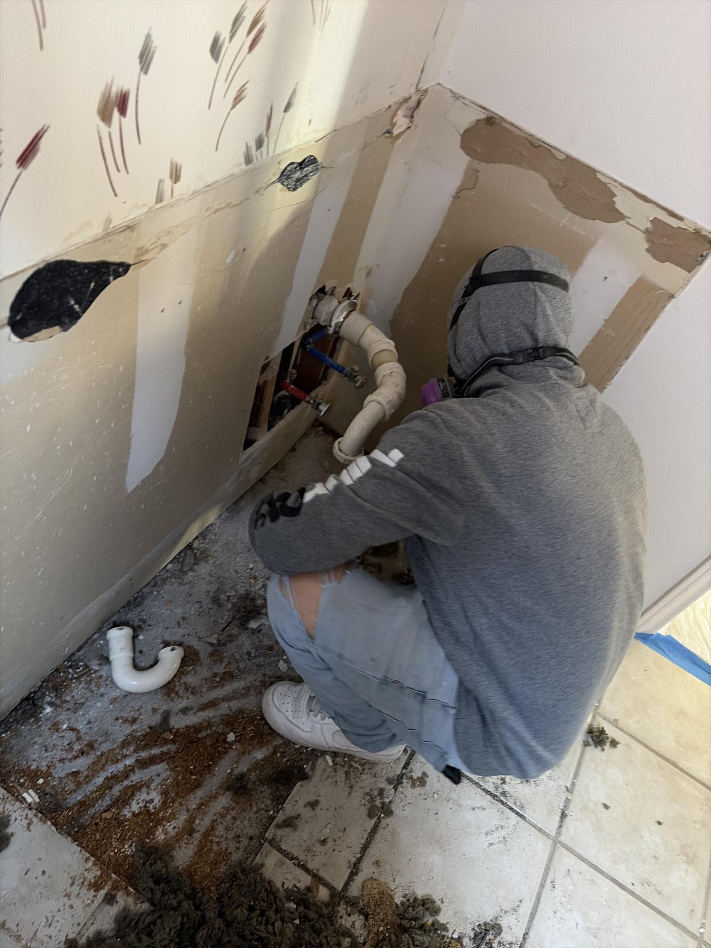 Technician inspecting wall cavity