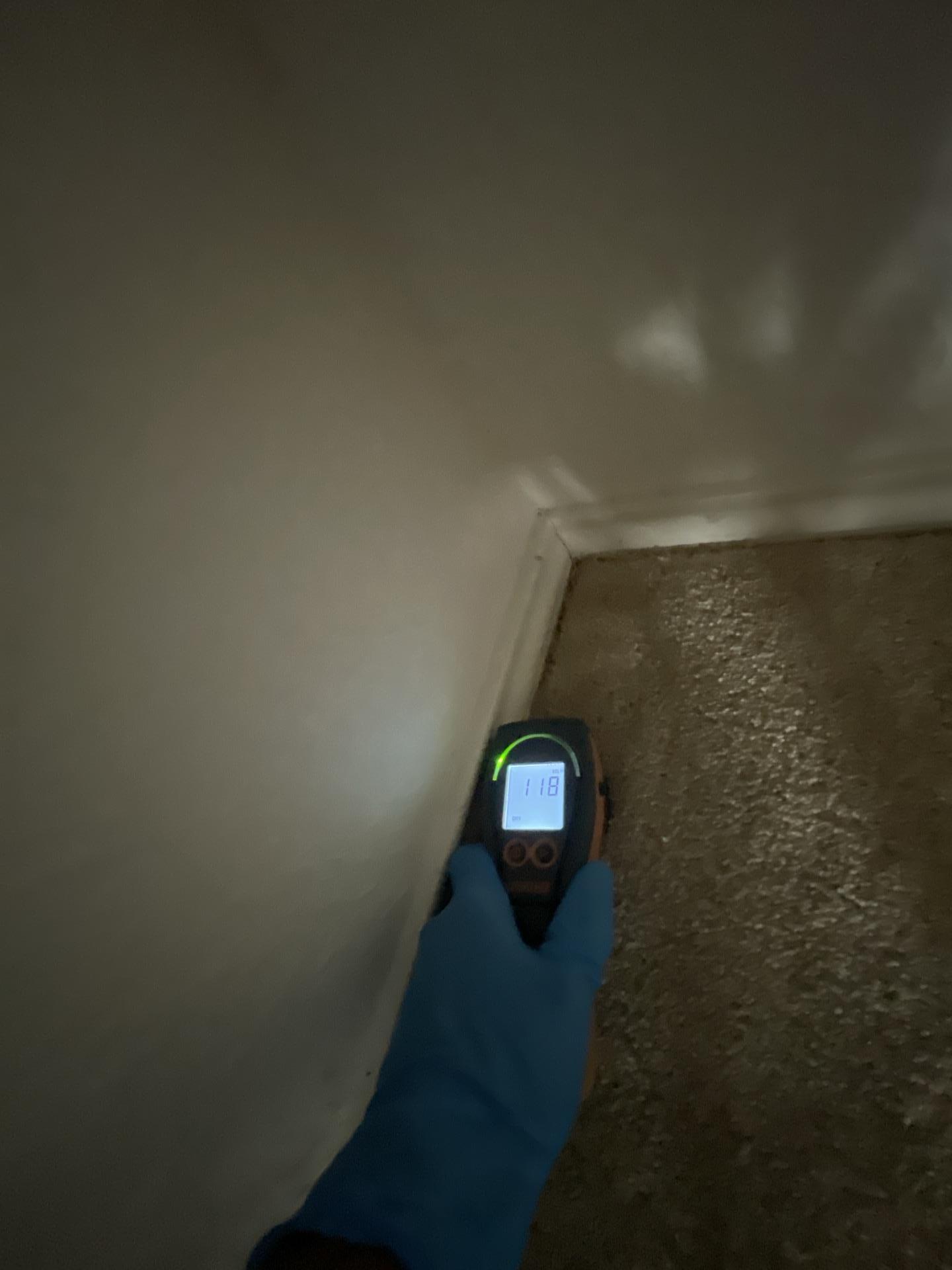 Moisture meter in closet showing safe levels