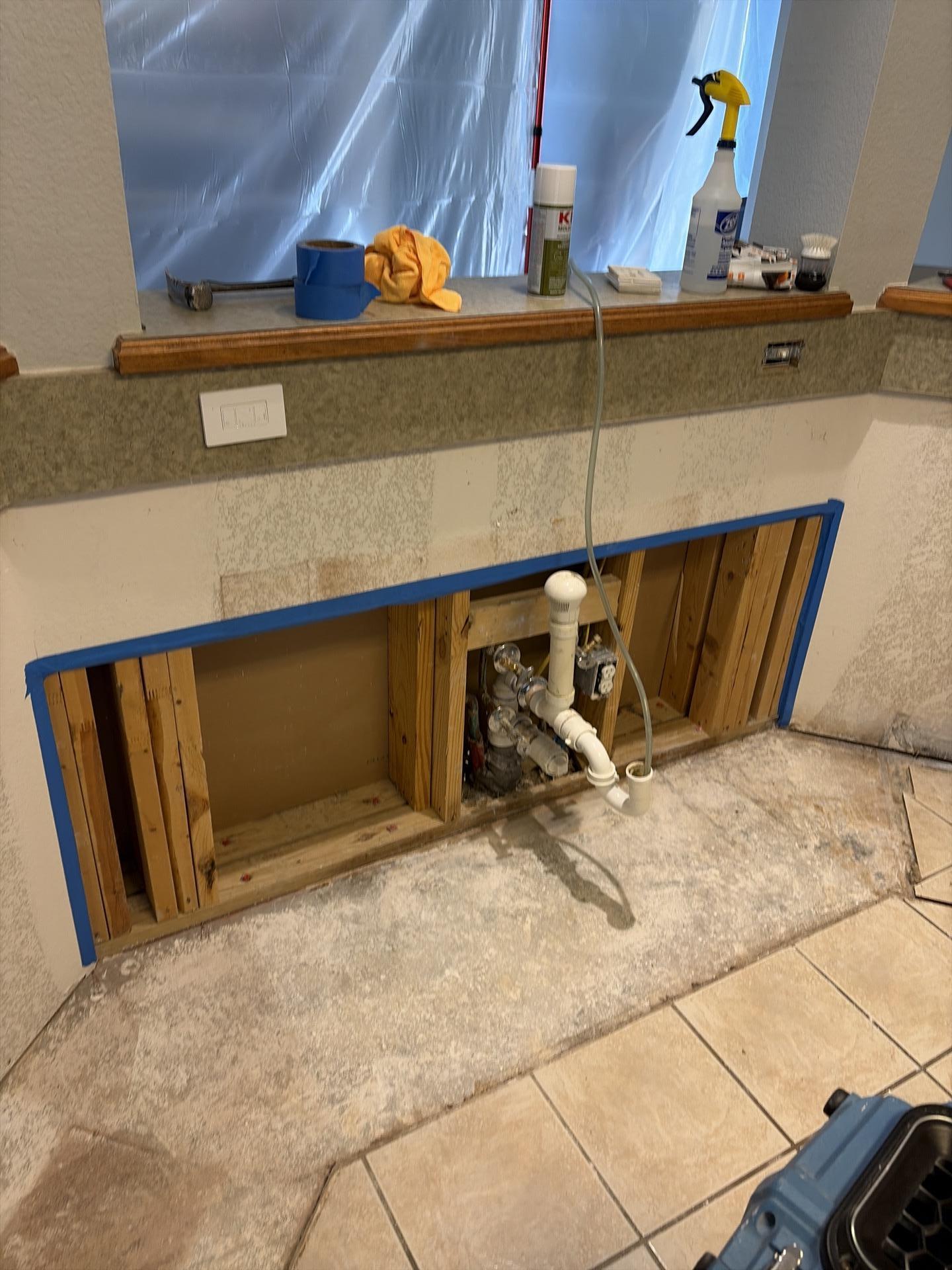 Further cabinet removal revealing extent of dishwasher leak damage beneath