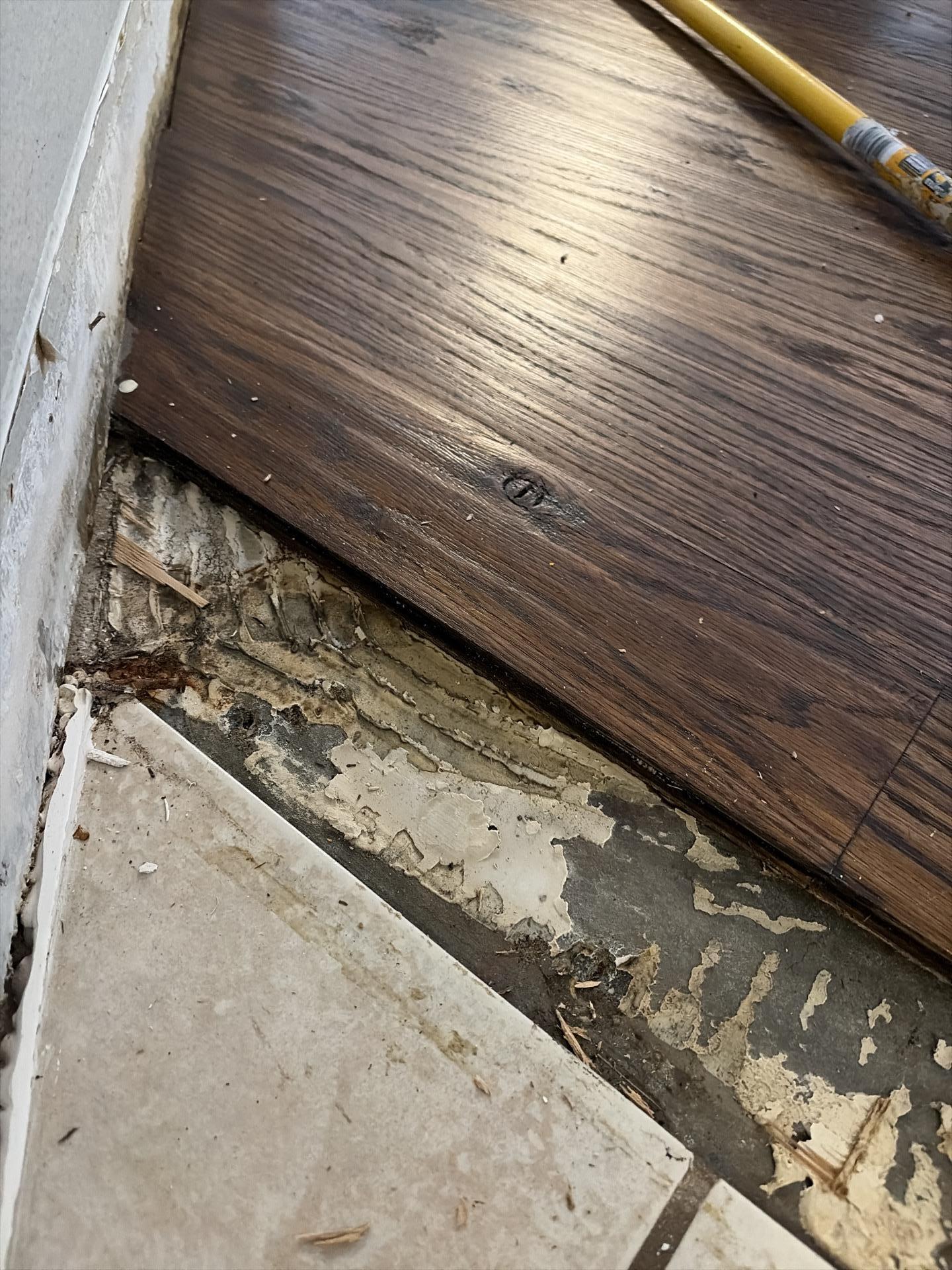Close-up of water-damaged hardwood flooring throughout the home