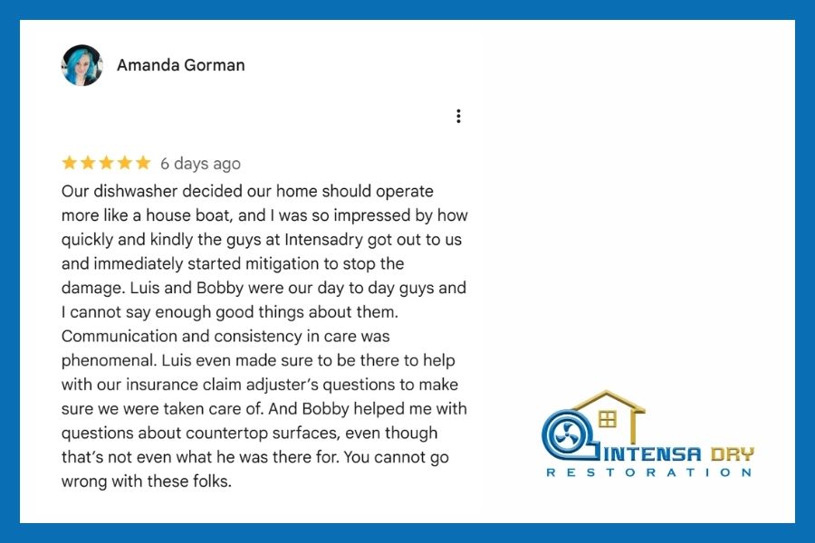 Five-star customer review left by an Allen TX homeowner praising the Intensa Dry Restoration team