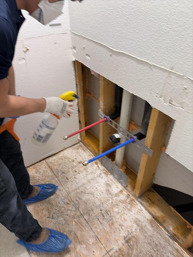 antimicrobial solution spraying after water damage - after drywall demo