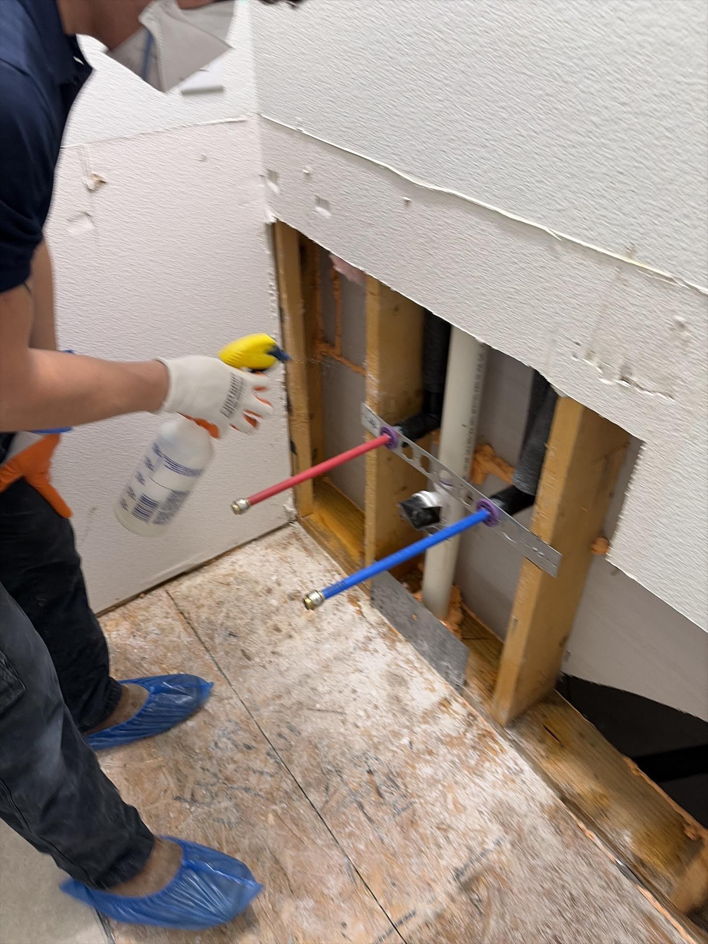 antimicrobial solution spraying after water damage - after drywall demo