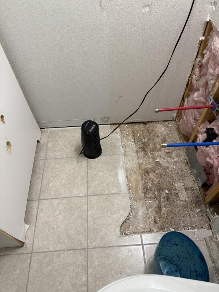 water-damaged bathroom - exposed insulation and drywall demo