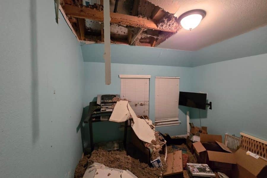 Water-stained ceiling showing storm damage inside a Plano Texas home