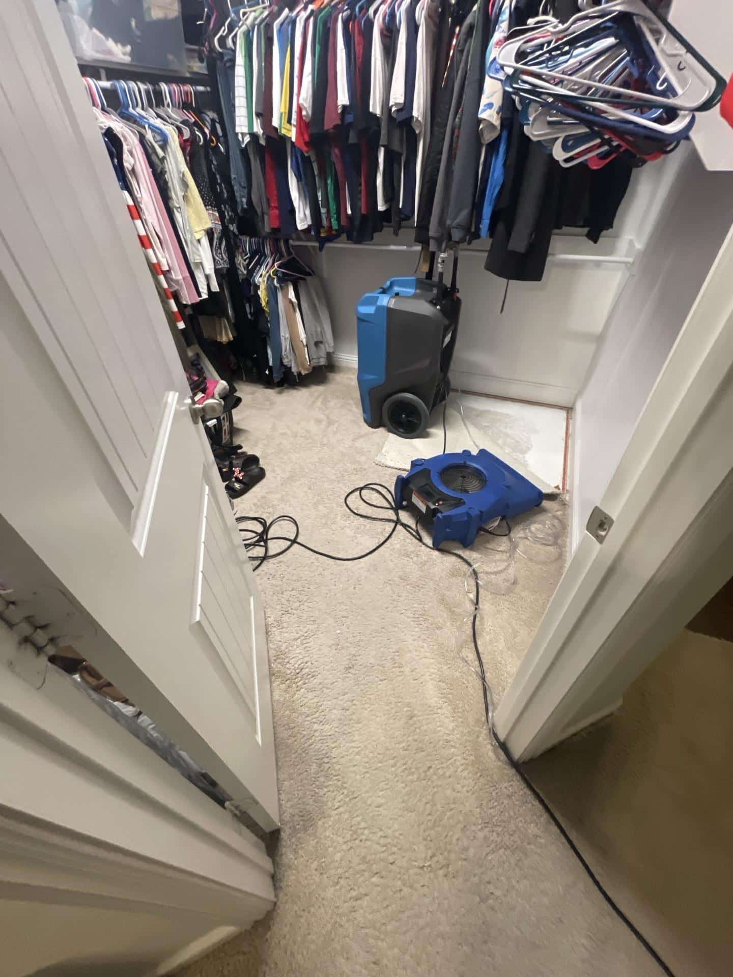 Continued drying and moisture monitoring in master closet