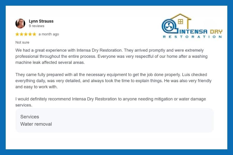 Five star customer review for Intensa Dry Mold and Water Restoration after washing machine water damage restoration in Melissa TX
