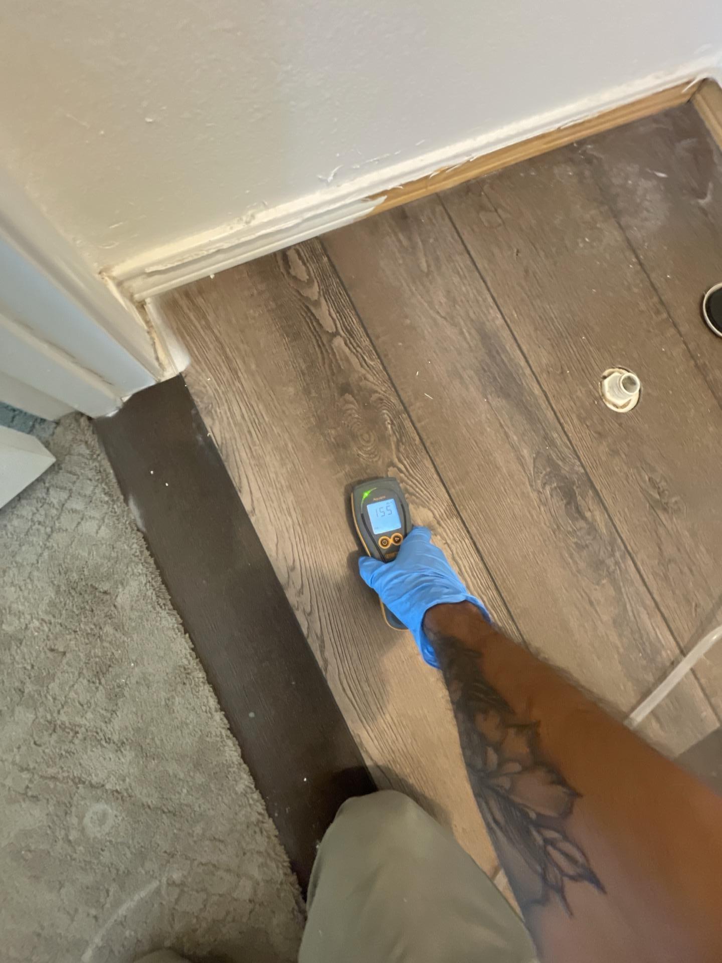 Technician taking a moisture reading during the drying process in the laundry room