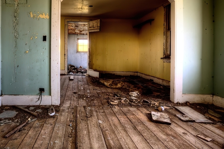 Charred and buckled wooden flooring showing heat and smoke damage after a house fire in Plano, TX