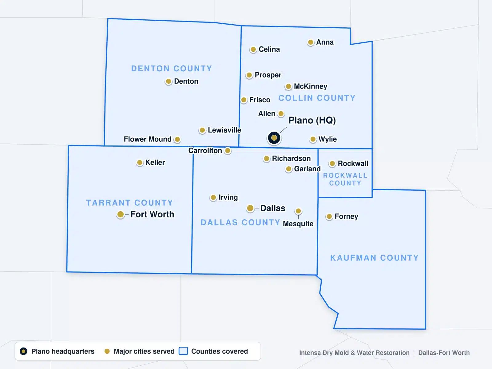 Intensa Dry Mold and Water Restoration service area map of Collin, Dallas, Denton, Tarrant, Rockwall, and Kaufman counties with major cities marked